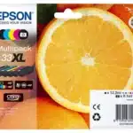 De Epson 33XL Sinaasappelen Claria Premium multipack biedt hoogwaardige vijfkleureninkt met een hoge capaciteit voor scherpe teksten en levendige foto’s.