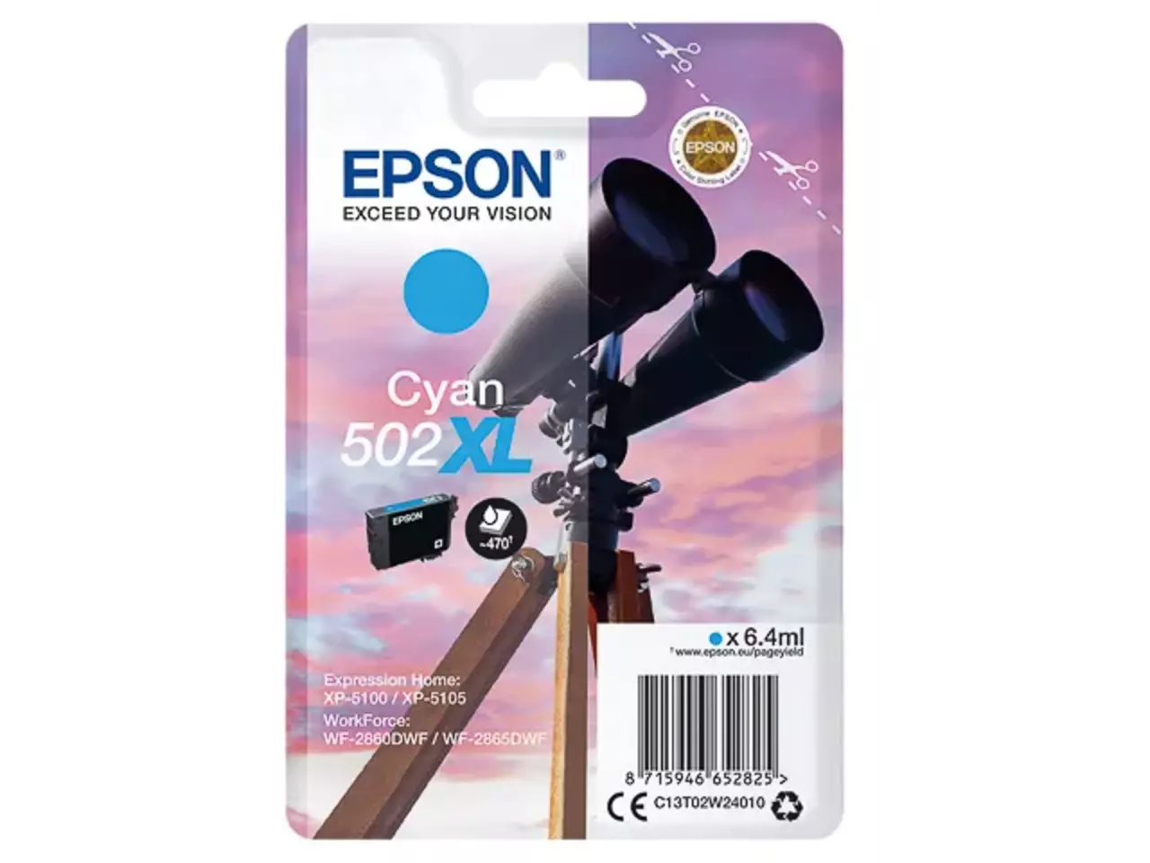 C13T02W24010 Epson 502XL XP inkt cyaan HC 470 pagina’s 6,4 ml De Epson Singlepack Cyan 502XL Ink levert heldere cyaanprints met een hoge opbrengst tot 470 pagina’s, ideaal voor wie betrouwbaar