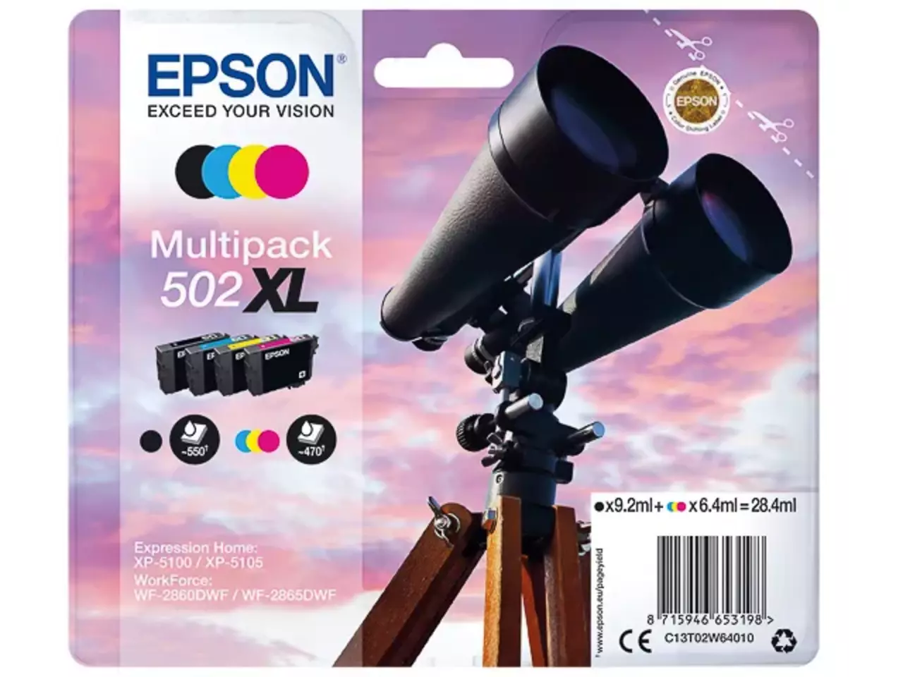 C13T02W64010 Epson 502XL XP inkt: cmyk high capacity set De Epson Multipack 4-colours 502XL Ink biedt scherpe afdrukken en een hoge opbrengst voor zowel documenten als foto’s. Deze betrouwbare