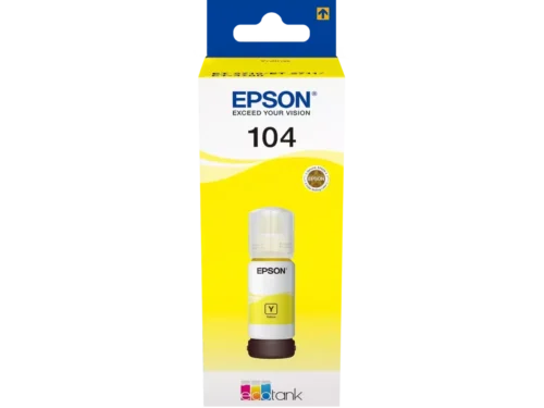 De Epson 104 EcoTank Yellow ink bottle is een originele gele inktfles, speciaal ontworpen voor Epson EcoTank-printers. Dankzij de brede