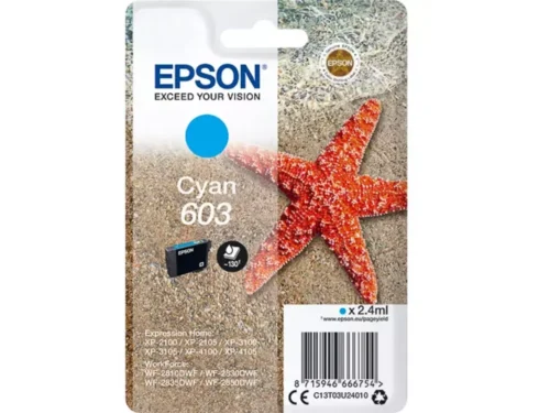 De Epson Singlepack Cyan 603 Ink zorgt voor levendige cyaankleuren en betrouwbare afdrukkwaliteit voor diverse Epson Expression Home- en WorkForce-printers.