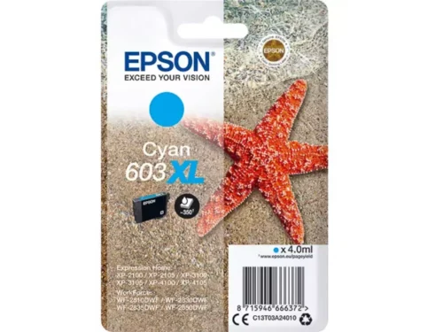 De Epson Singlepack Cyan 603XL Ink levert heldere cyaankleuren en een hoog rendement voor diverse Epson Expression Home- en Workforce-printers.