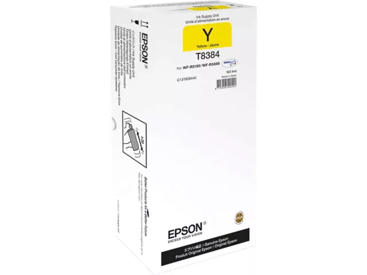 C13T838440 Epson T8384 WF Pro inkt geel HC 167,4 ml De Epson Yellow XL Ink Supply Unit levert heldere, pigmentgebaseerde gele afdrukken met een hoge capaciteit van 167,4 ml, ideaal
