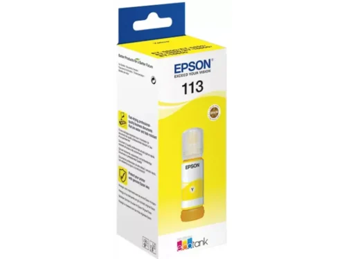 De Epson 113 EcoTank Pigment Yellow ink bottle is een originele gele inktfles voor Epson EcoTank-printers, ideaal voor scherpe en
