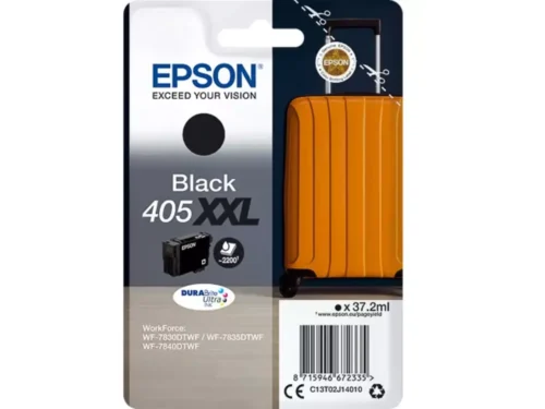 De Epson Singlepack Black 405XXL DURABrite Ultra Ink levert scherpe zwarte afdrukken met extra hoog rendement en 37,2 ml inkt.