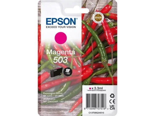 De Epson Singlepack Magenta 503 Ink is een originele inktcartridge met normaal rendement, ideaal voor heldere magenta afdrukken tot 165