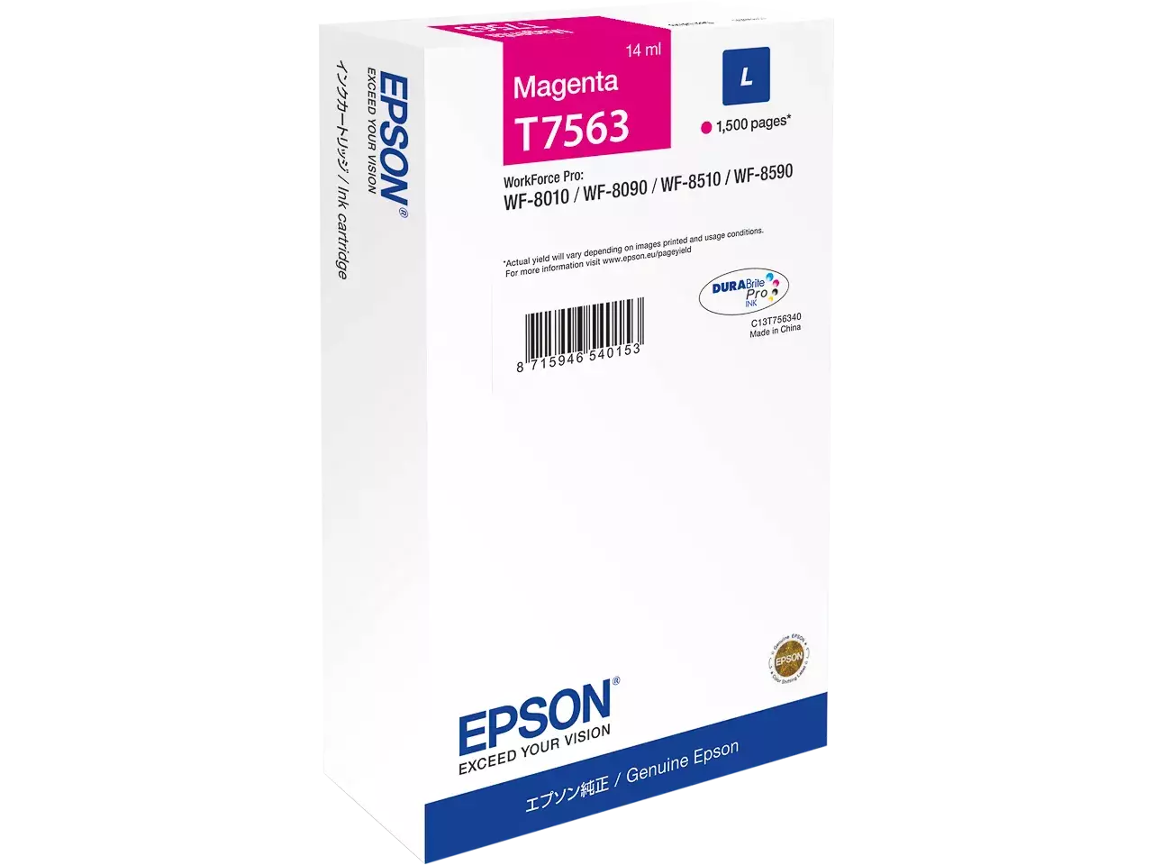 C13T75634N Epson T7563 WF inkt magenta L 1500 pagina’s 14 ml De Epson C13T75634N magenta inkjetcartridge levert betrouwbare, levendige afdrukken en is geschikt voor diverse WorkForce Pro-printers. Met een capaciteit van