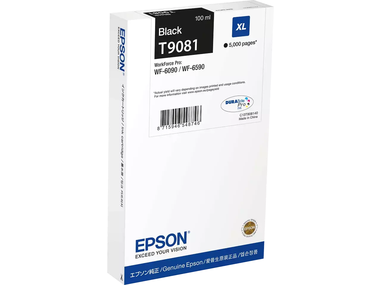 C13T90814n Epson T9081 WF inkt zwart XL 5000 pagina’s 100 ml De Epson C13T90814N is een high yield zwarte inkjetcartridge met 100 ml inkt, goed voor tot 5000 pagina’s. Deze enkelverpakking