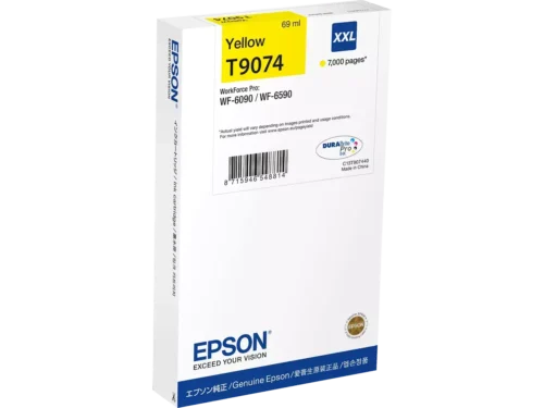 De Epson C13T90744N is een gele XL-inkjetcartridge met hoge capaciteit, goed voor tot 7000 pagina’s. Deze enkele verpakking van 69