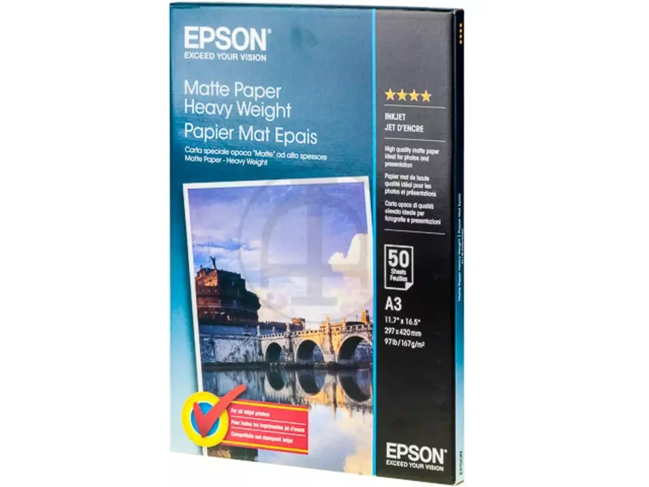 C13s041261 Epson Papier a3 (297x420mm) 50 vel wit 167gr mat zwaar Epson Matte Paper Heavy Weight A3 is mat inkjetpapier van 167 g/m², ideaal voor scherpe en professionele afdrukken. Deze verpakking