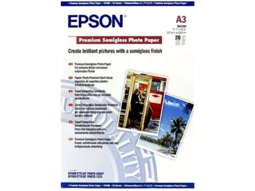 Epson Premium Semigloss Photo Paper in A3-formaat biedt een halfglanzende afwerking en een stevig papiergewicht van 251 g/m², ideaal voor