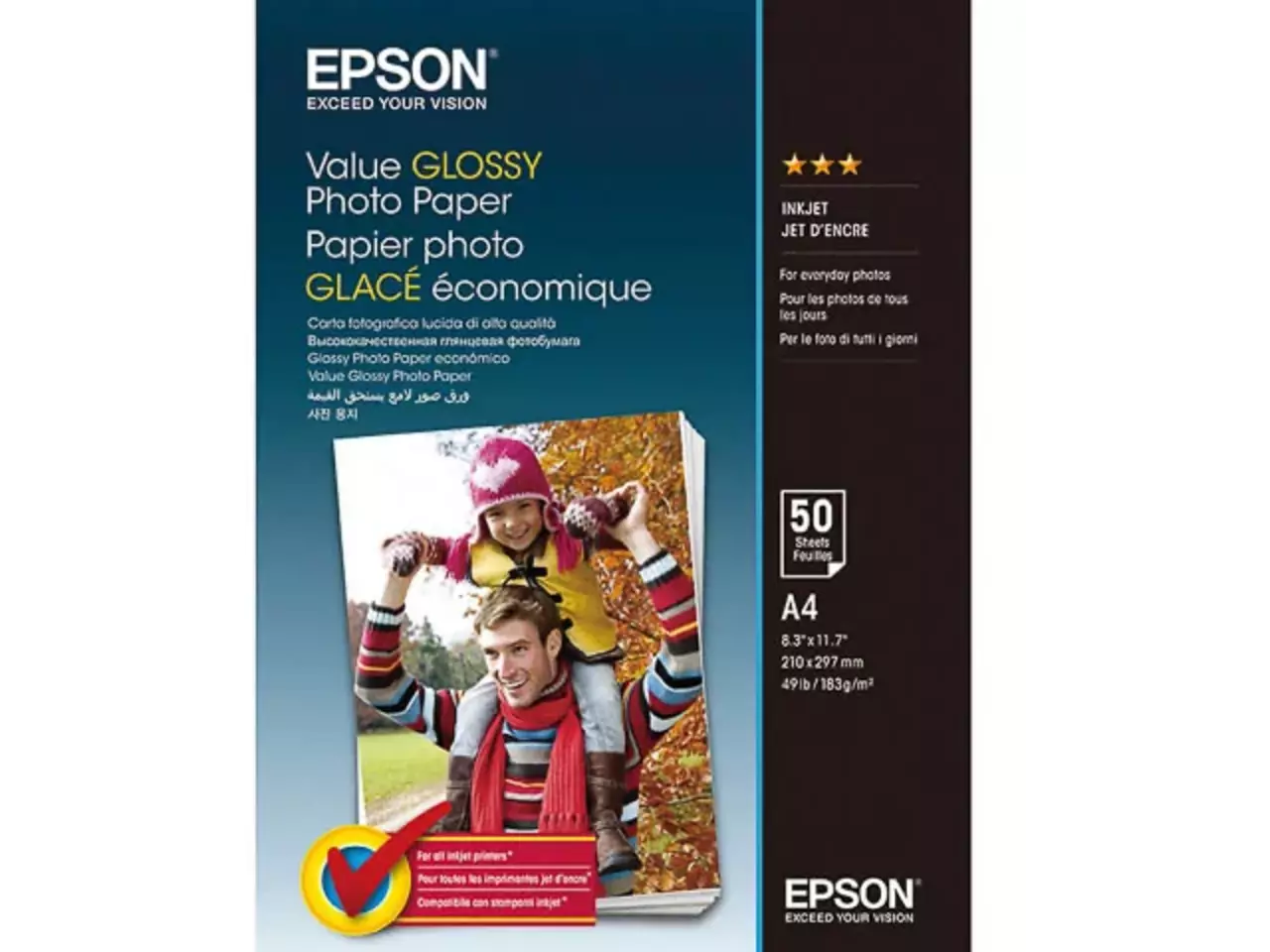 C13S400036 Epson Fotopapier A4 50 vel wit glossy Epson Value Glossy Photo Paper A4 50 vellen biedt glanzend fotopapier van 183 g/m² voor scherpe afdrukken met inkjettechnologie. Dit