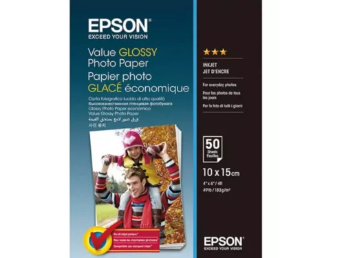 Epson Value Glossy Photo Paper 10x15cm is ideaal voor haarscherpe, glanzende fotoafdrukken met een professionele uitstraling. Met 50 vellen van