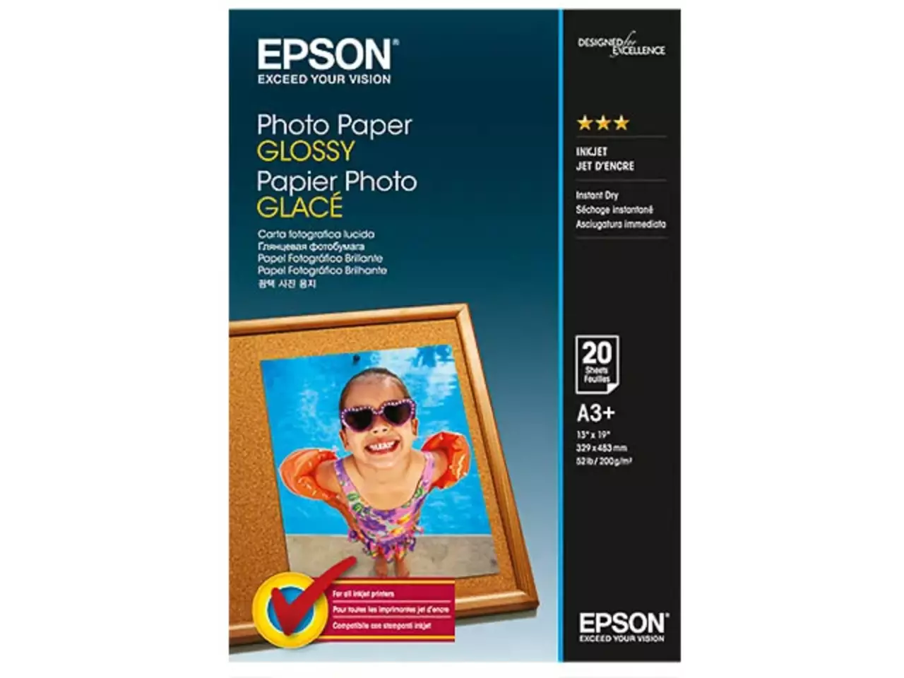 C13S042535 Epson fotopapier A3+ 20 vel glossy wit 200gr Epson Photo Paper Glossy A3+ zorgt voor haarscherpe afdrukken met een mooie glans en een luxe uitstraling. Dit fotopapier van