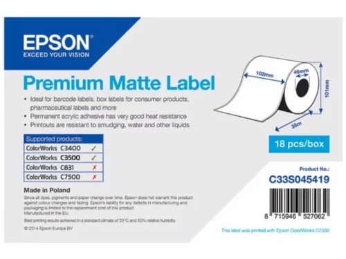 De Epson Premium Matte Label Continuous Roll van 102 mm x 35 m is een duurzaam, mat doorlopend etiket dat