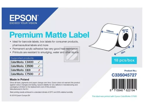 Het Epson Premium Matte Label Continuous Roll van 105 mm x 35 m is een wit, zelfklevend doorlopend etiket dat